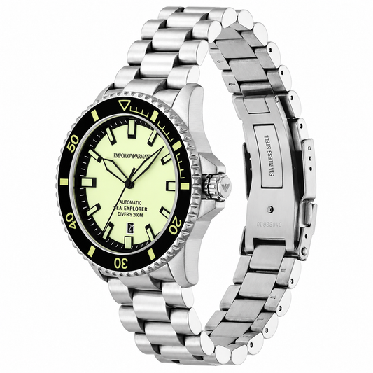 Emporio Armani Sea Explorer Men’s Automatic Watch – Yellow Dial & Stainless Steel Bracelet AR60083
