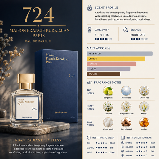 Maison Francis Kurkdjian Paris 724 Eau de Parfum bottle and its dark blue box on a dark textured surface, alongside a detailed scent profile infographic on a light beige background.