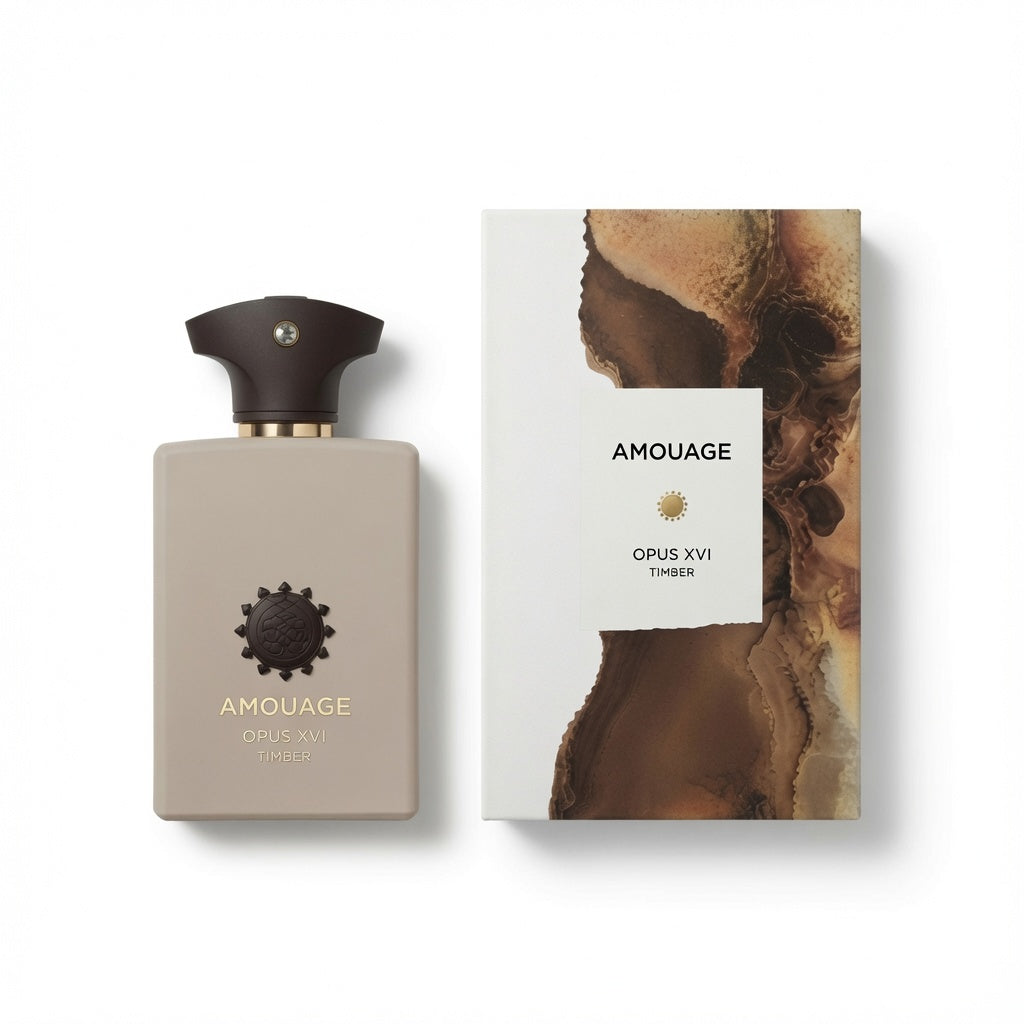 Amouage Opus XVI 11ml perfume bottle next to its product packaging box, featuring a minimalist beige bottle with a dark brown cap and a white box with an abstract brown marbled design.