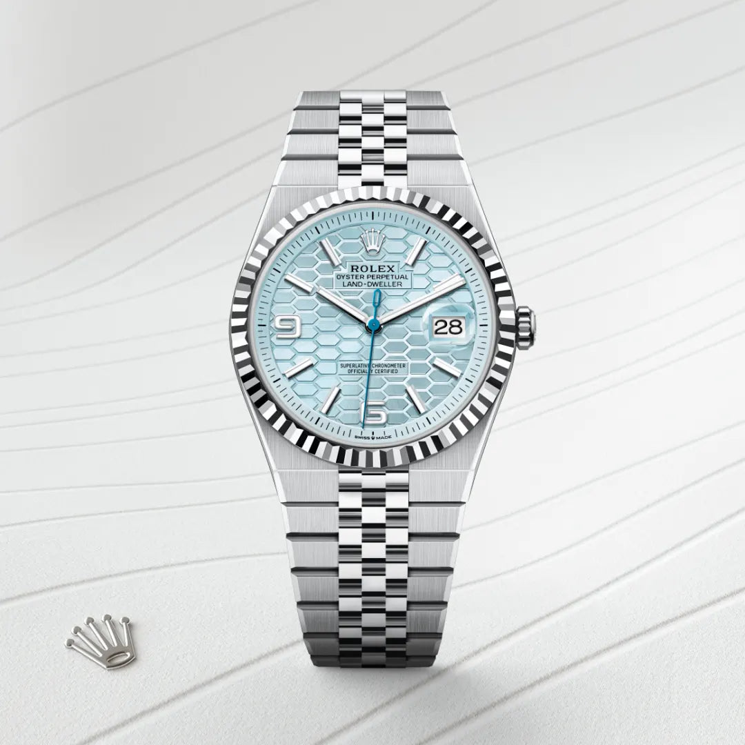 Rolex Land-Dweller 40 Platinum – Ice-Blue Honeycomb Dial