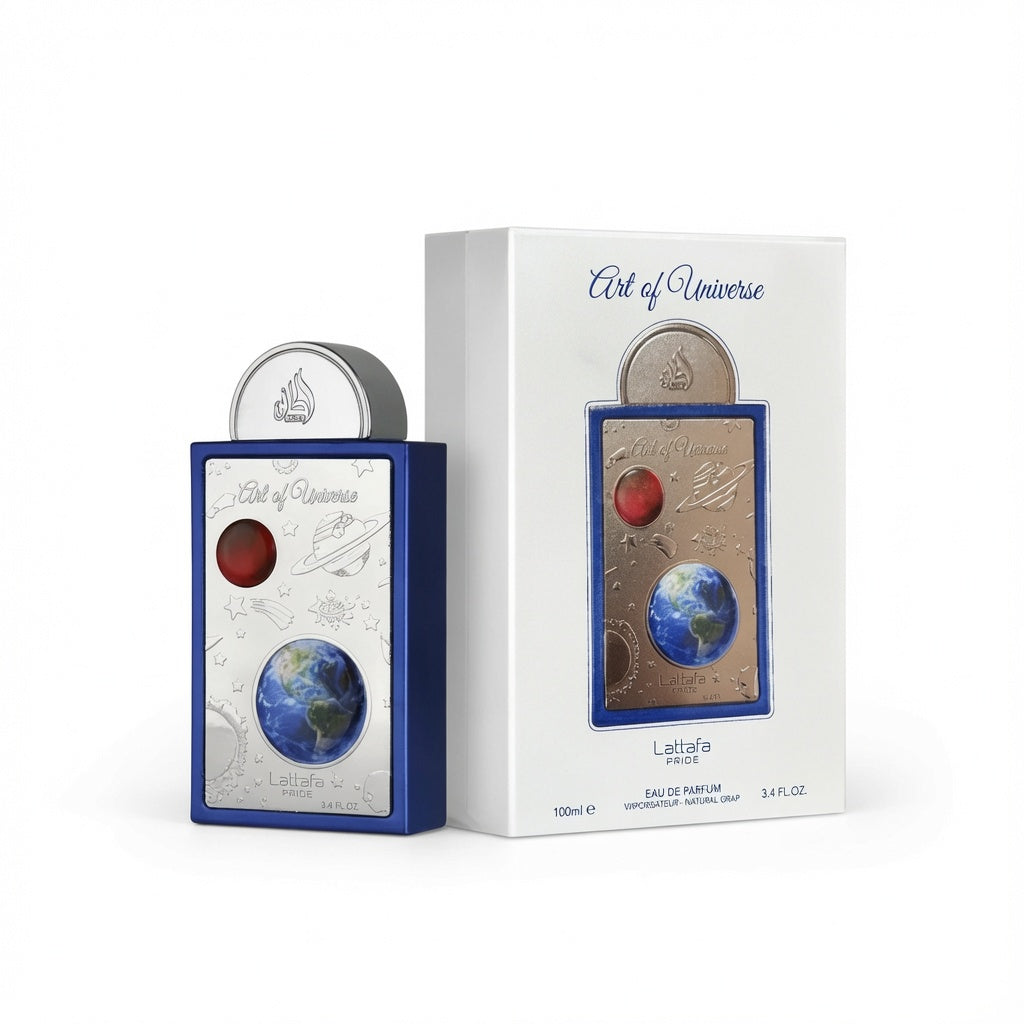Art of Universe Laalafe Red fragrance bottle and its white retail box, featuring a blue and silver design with a red circular accent and Earth graphics.