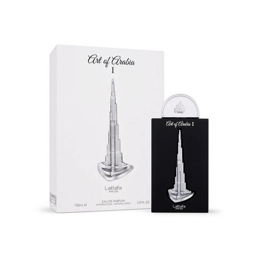 Art of Arabia 1 Laalafa Eau de Parfum shown with its white outer box and a black inner card package holding the perfume bottle, on a clean white background.