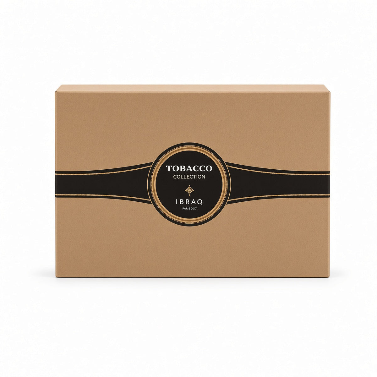 A rectangular brown cardboard box with a black horizontal band and a central circular label reading 'TOBACCO COLLECTION' and 'IBRAHIM'.