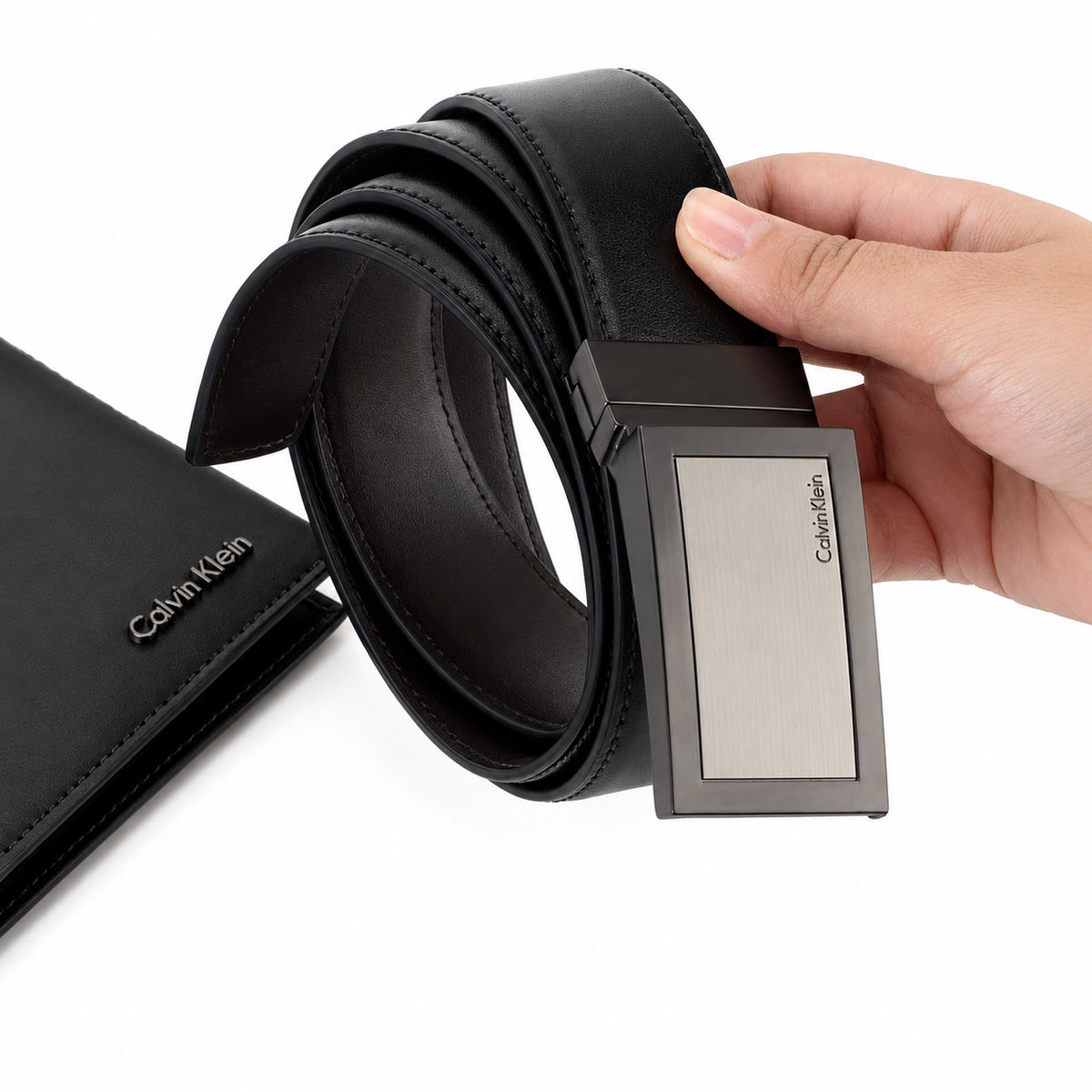 Calvin Klein Men’s Genuine Leather Wallet & Belt Gift Set – Black, CK Buckle