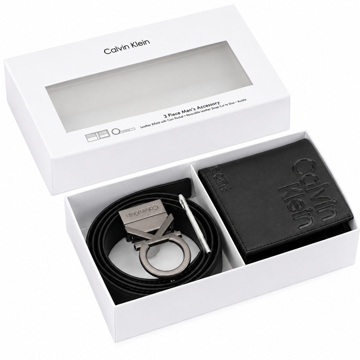 Calvin Klein Men’s Black Leather Wallet & Belt Gift Set – CK Buckle