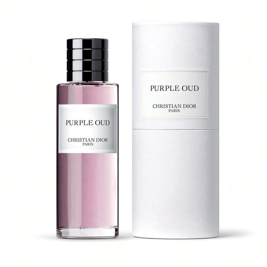 Christian Dior Purple Oud perfume bottle with a black cap next to its white cylindrical packaging box on a white background.