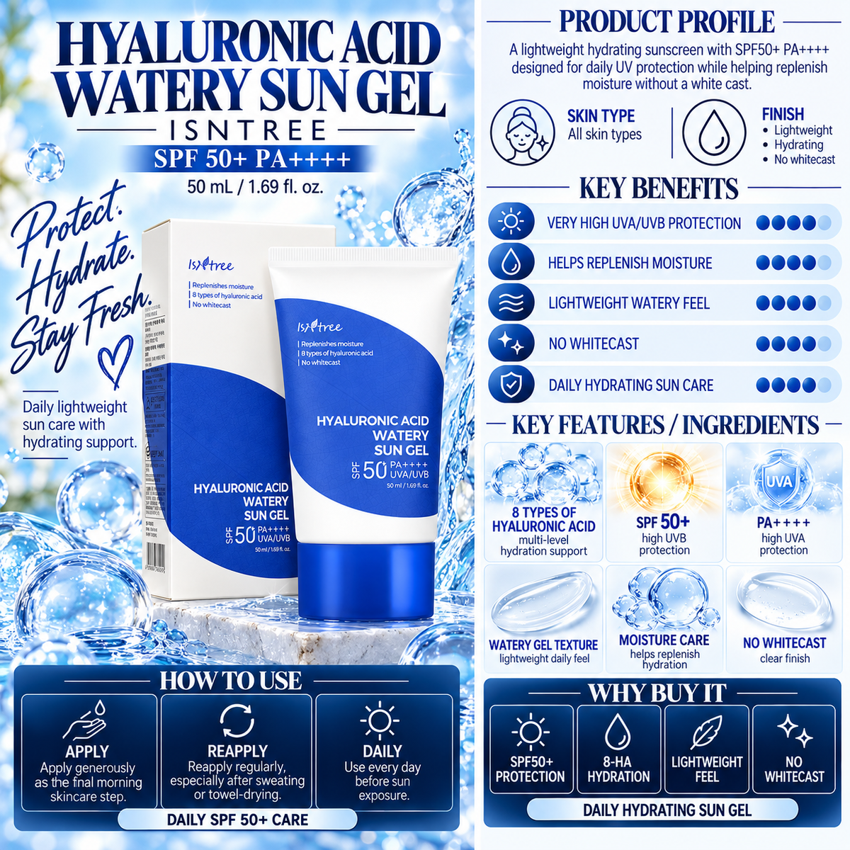 Hyaluronic Acid Watery Sun Gel SPF50+ PA++++ - Isntree