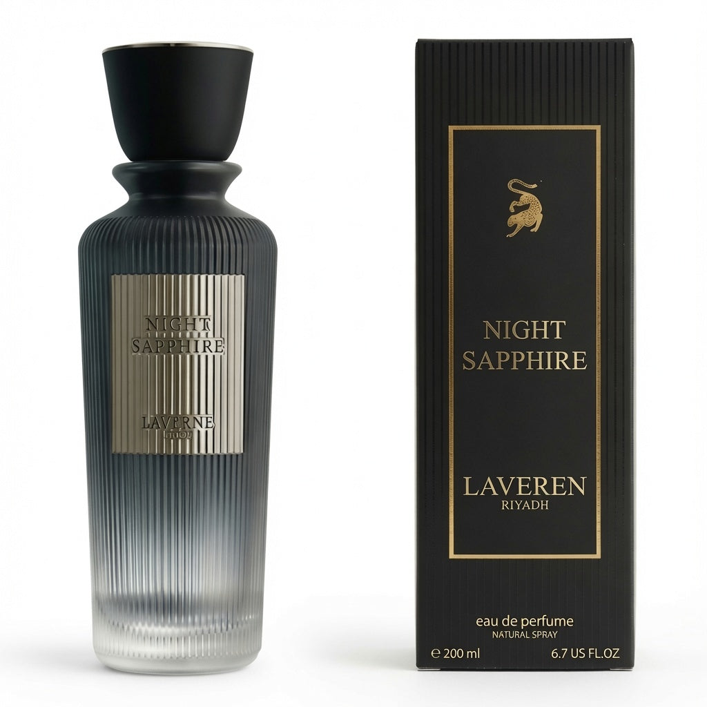 Laveren Night Sapphire perfume bottle and packaging on a white background
