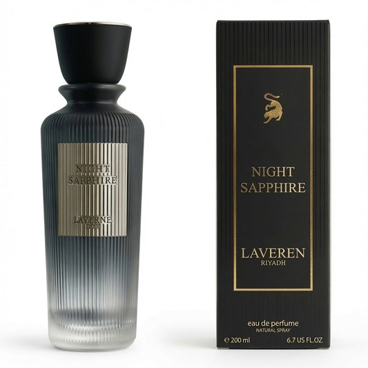 Laveren Night Sapphire perfume bottle and packaging on a white background