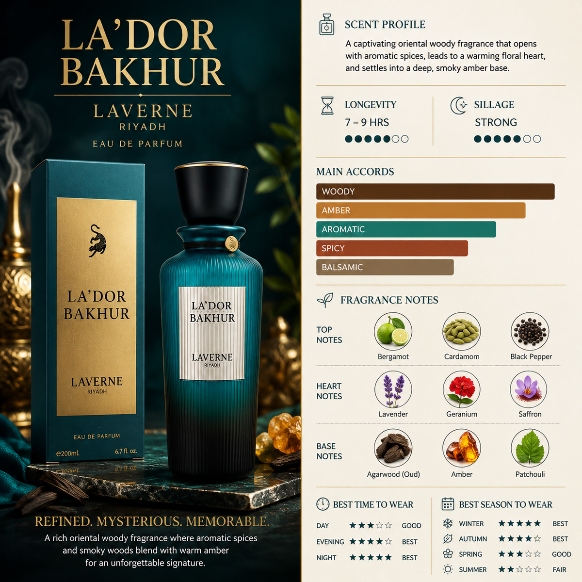La'Dor Bakhur Laverne Eau de Parfum bottle and packaging box displayed alongside a detailed infographic describing the fragrance's scent profile, accords, notes, and seasonal recommendations.