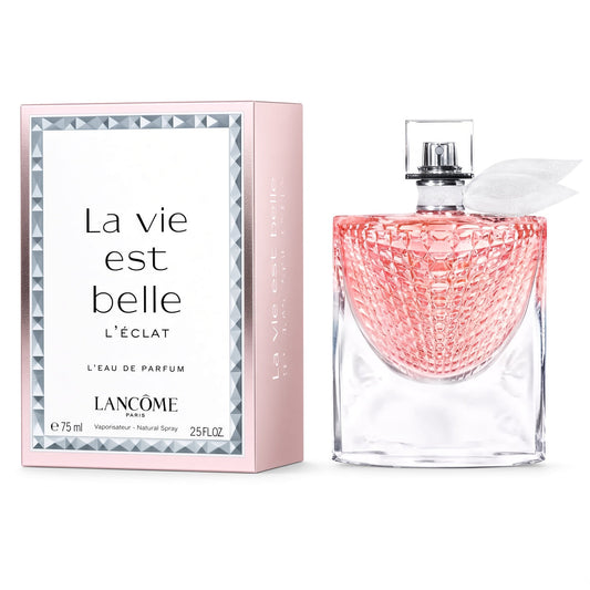 Lancôme La Vie Est Belle L'Eclat Eau de Parfum 75ml bottle next to its pink packaging box on a white background.