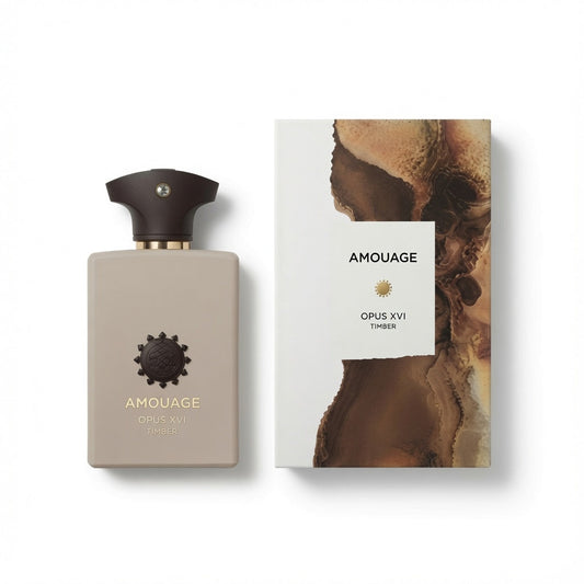 Amouage Opus XVI 11ml perfume bottle next to its product packaging box, featuring a minimalist beige bottle with a dark brown cap and a white box with an abstract brown marbled design.