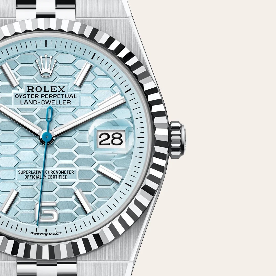 Rolex Land-Dweller 40 Platinum – Ice-Blue Honeycomb Dial