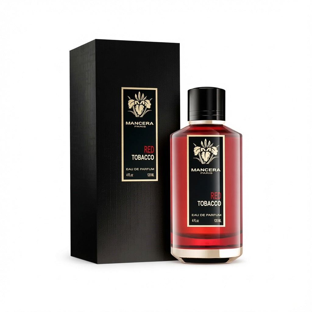 Mancera Red Tobacco perfume bottle and packaging on a white background